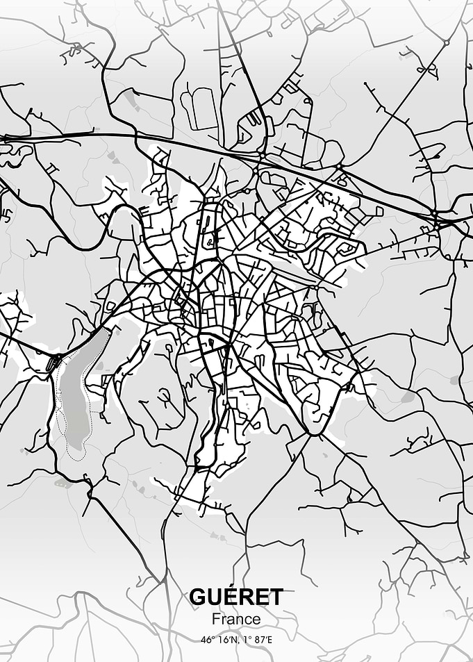 gueret france city bw map