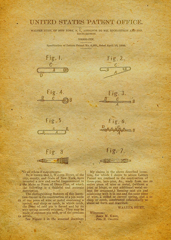 68 Safety Pin Patent 1849