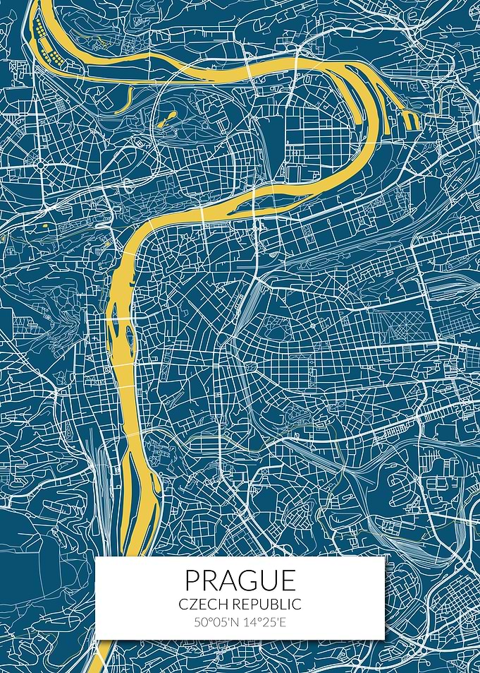 Prague Map Blue Yellow