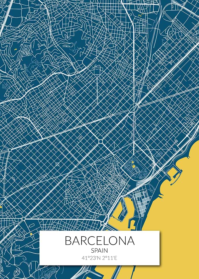 Barcelona Map Blue Yellow