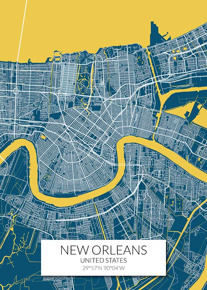 New Orleans Map Blue Yello