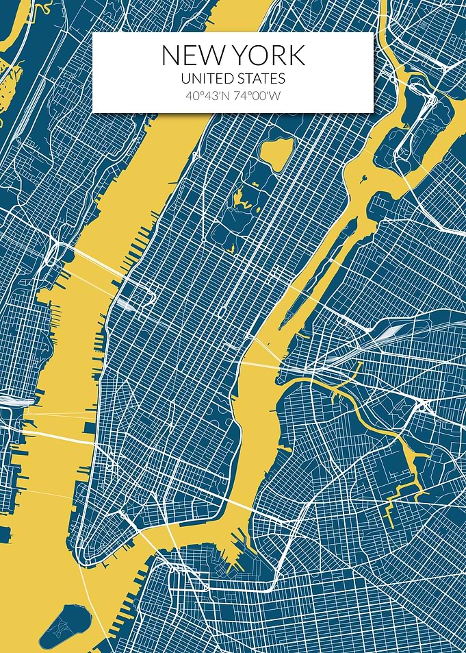 New York Map Blue Yellow