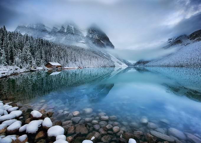 Snow mountain lake forest