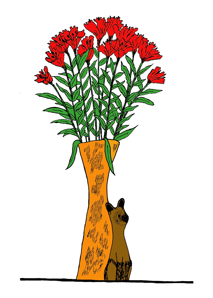 Red Flowers with Wooden Ca