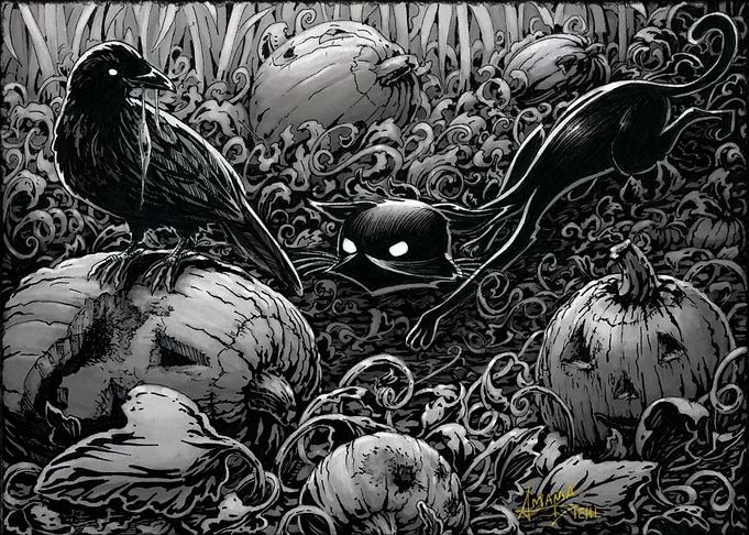 Boo Kitty Stalks a Raven
