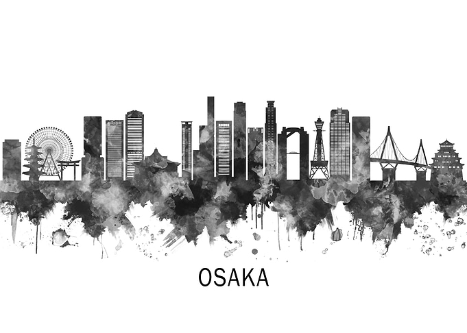 Osaka Japan Skyline BW