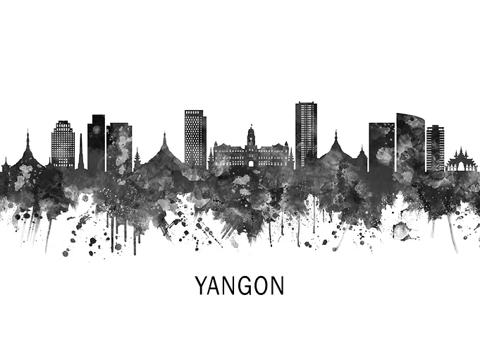 Yangon Myanmar Skyline BW