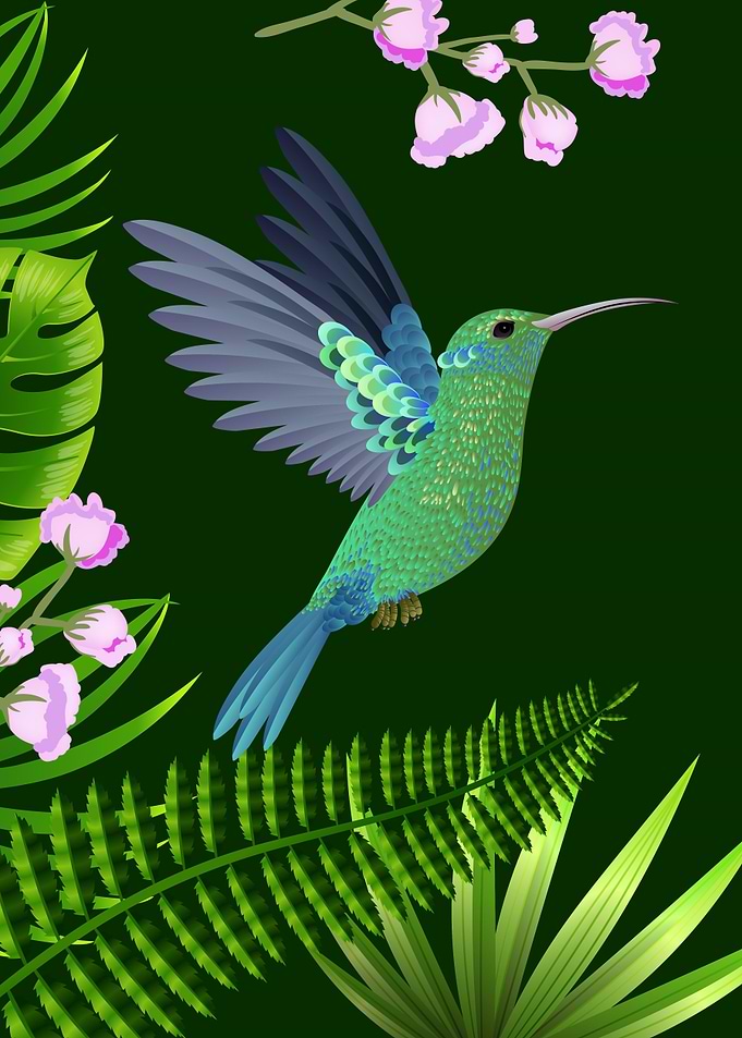 Bird with tropical leaves