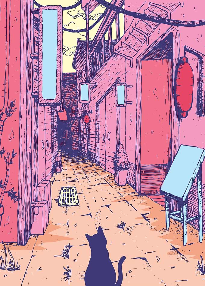 Cat Japan City Pastel