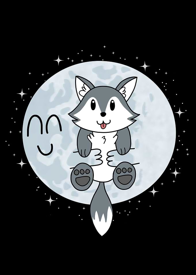 Moon Hugs Cute Wolf