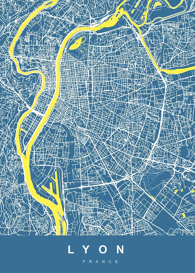LYON map France Blue