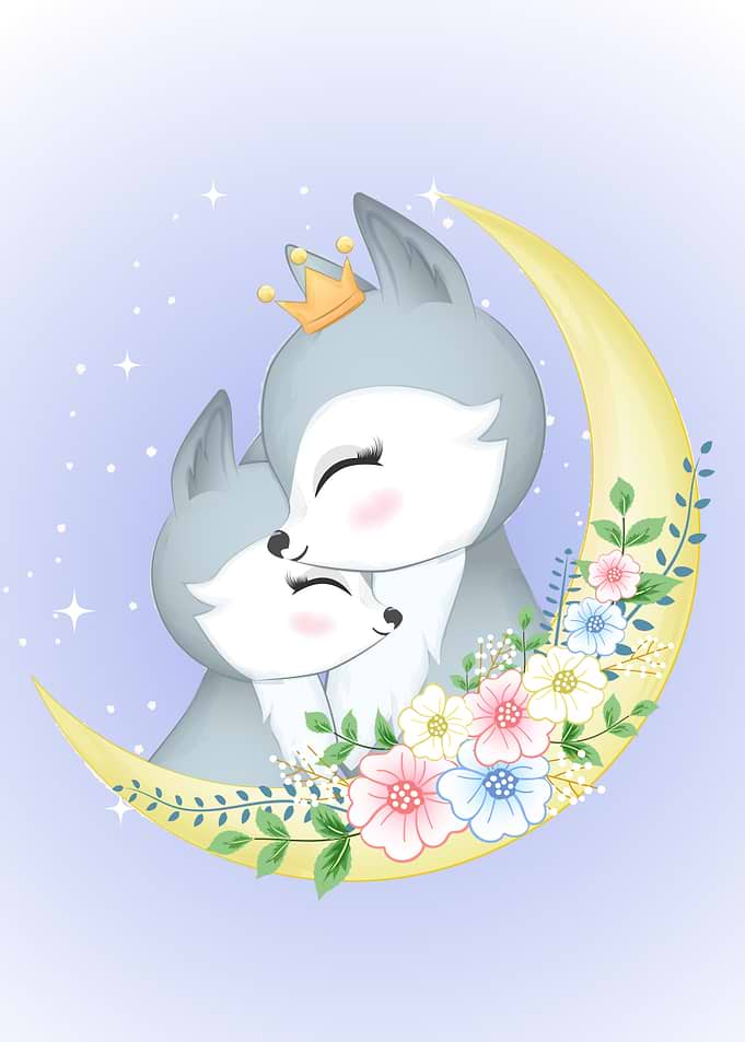 Cute couple fox and moon