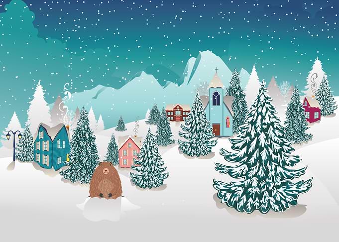 Snowy town and groundhog