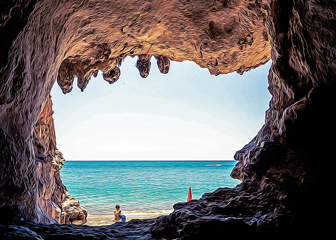 Girl resting in a cave