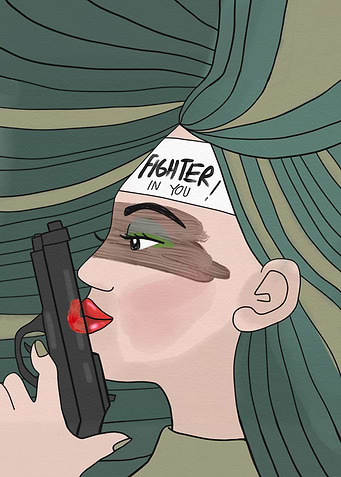 woman green hair shortgun