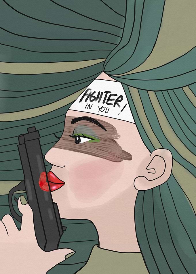 woman green hair shortgun