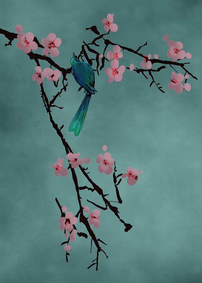 Green bird in cherry tree