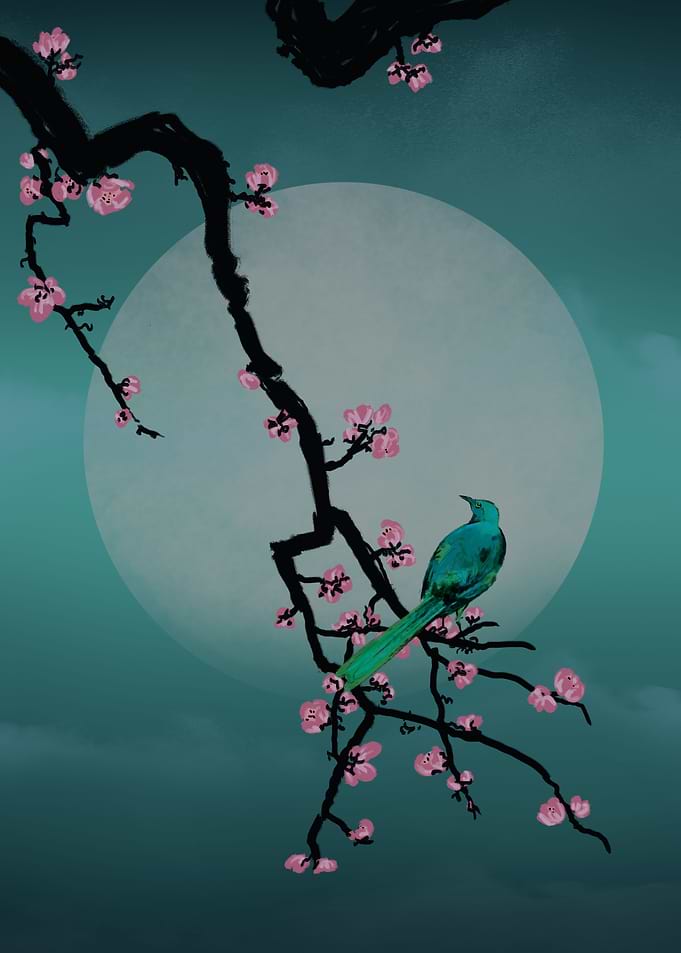 Full moon and green bird