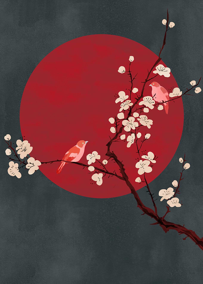Red moon and 2 lovebirds