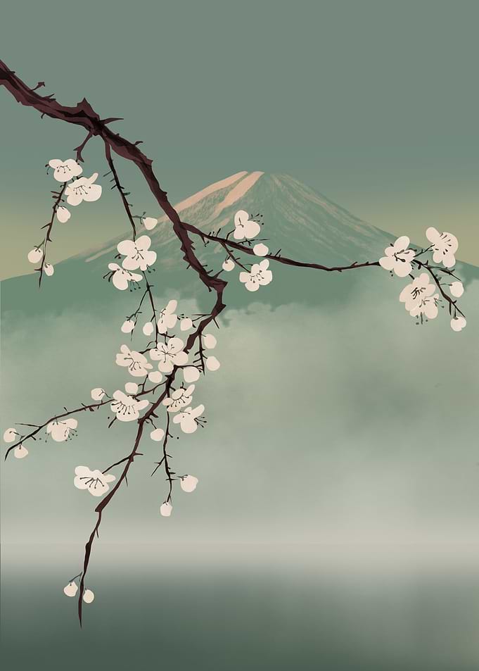 Mountain and Cherry tree