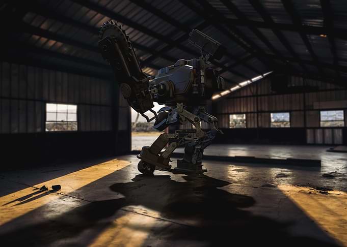 Robot in hangar with skull