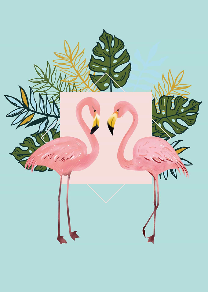 Flamingo Birds with leaves