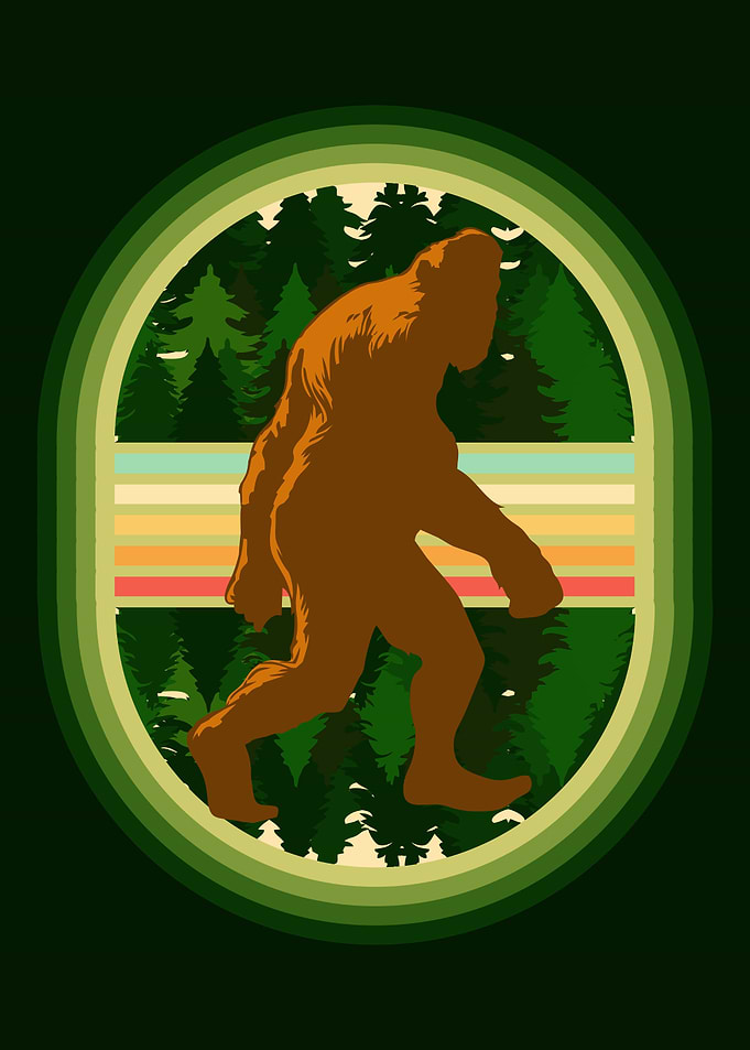 Bigfoot walking past trees