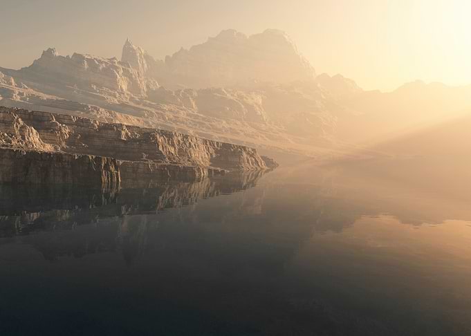 Foggy lake in rocks