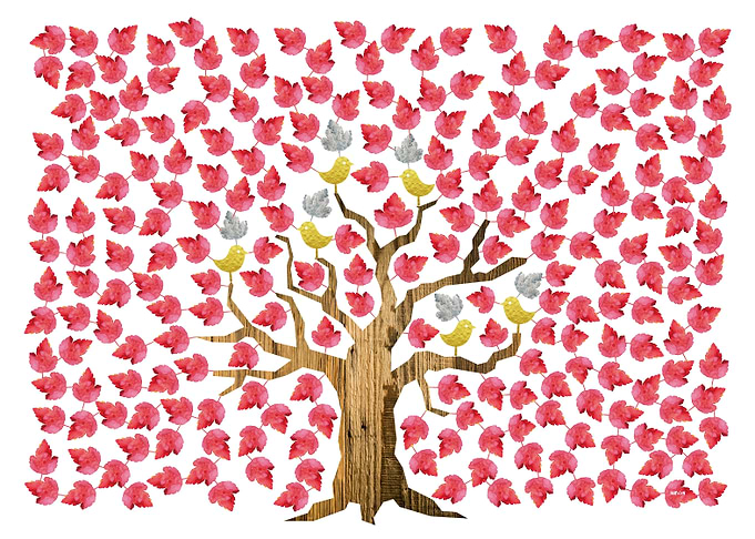 Red Tree With Golden Birds