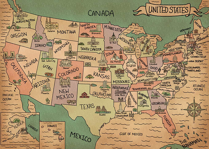 USA Antique Colorful Map