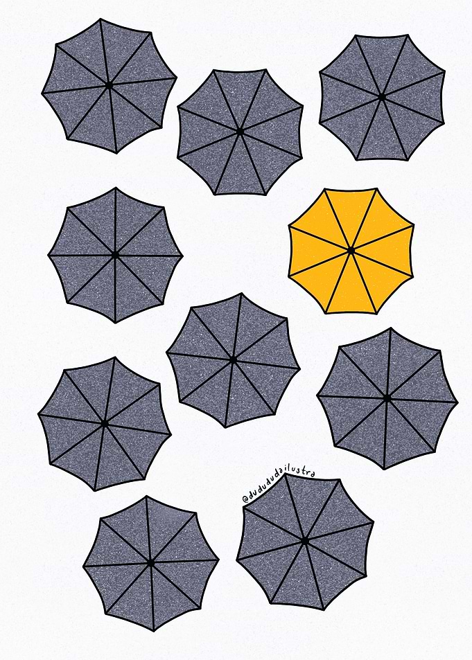 One yellow umbrella