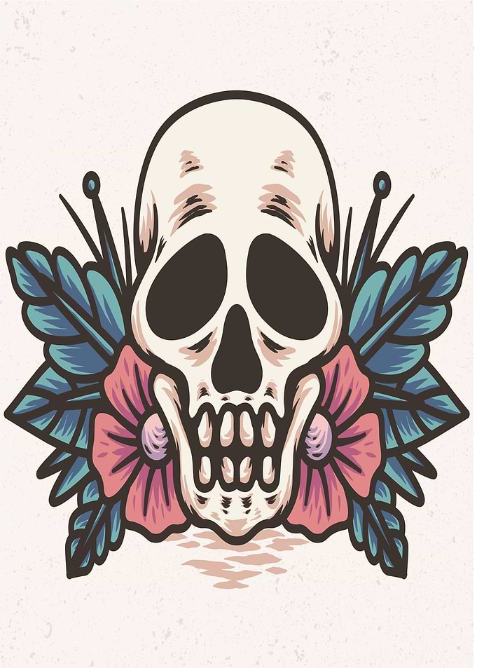skull with red flower