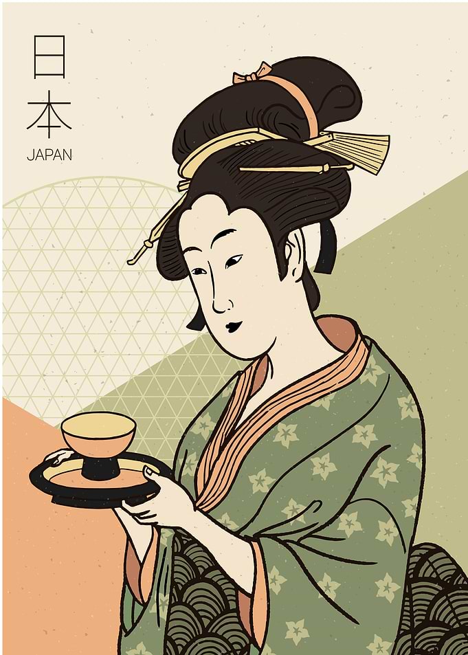 woman kimono tea cup green