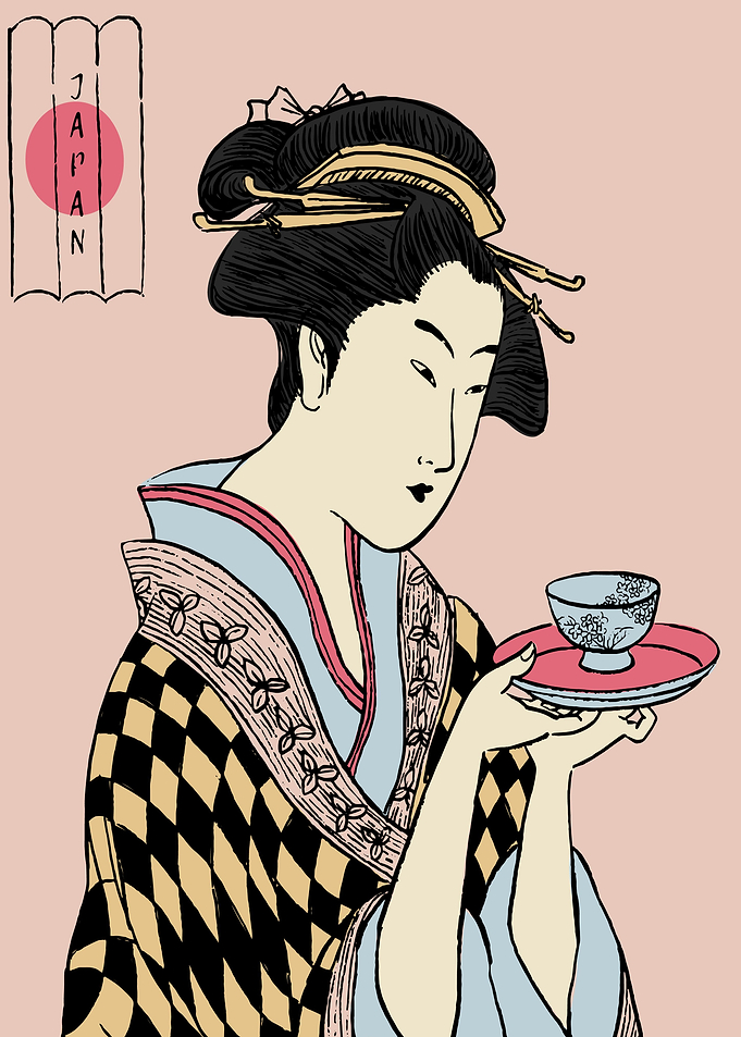 woman kimono tea cup blue