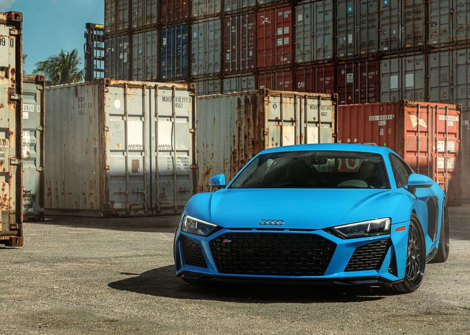 Blue Audi R8 in the port
