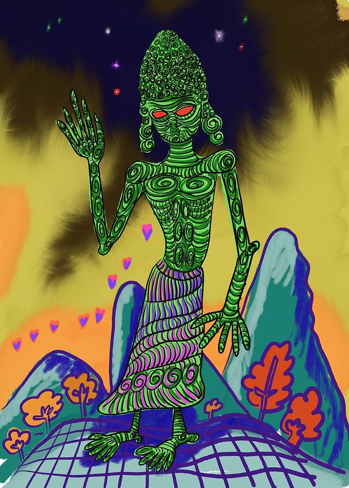 Red eyes Green body
