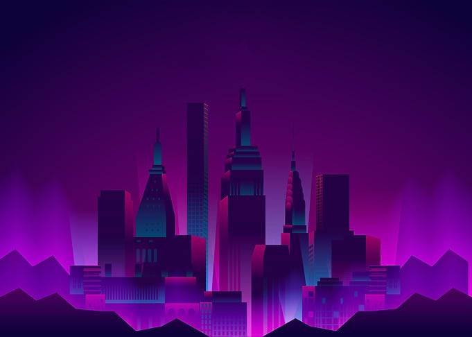 Flat glowing neon city
