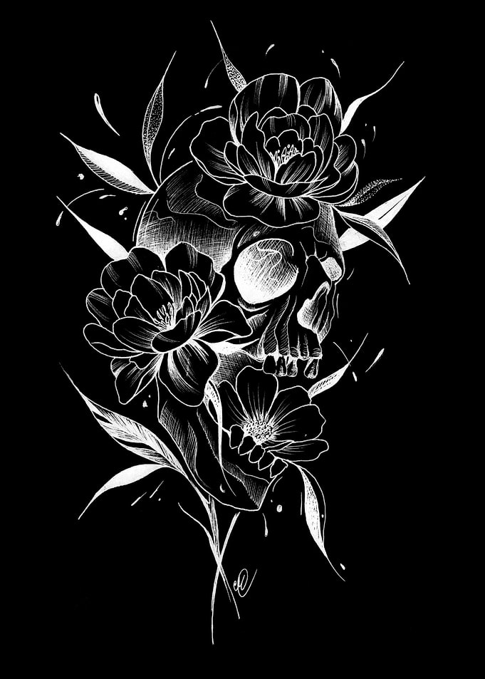 Floral skull bw