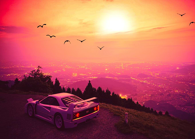 Retro car hillside poster