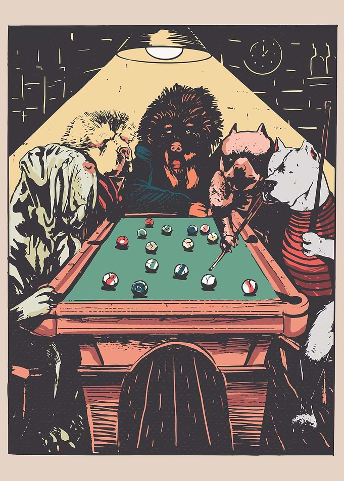DOGS PLAYING BILLIARDS