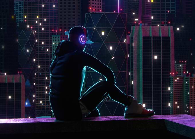 Neon headphones rooftop
