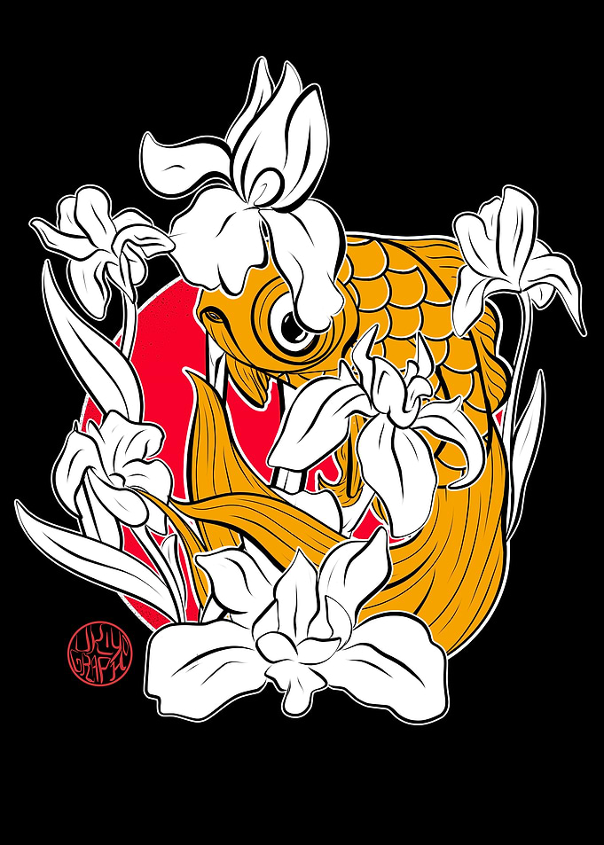 Goldfish and irises