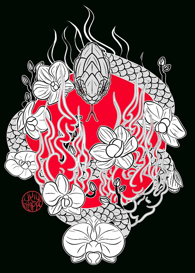 Japanese snake and orchids