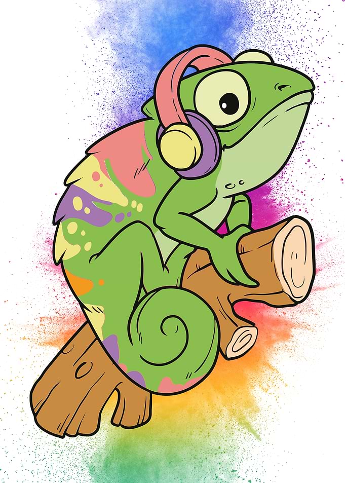 Chameleon with headphones