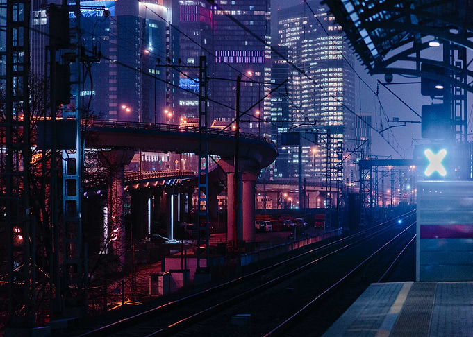 Railroad of neon night
