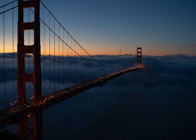 Golden Gate in fog sunset