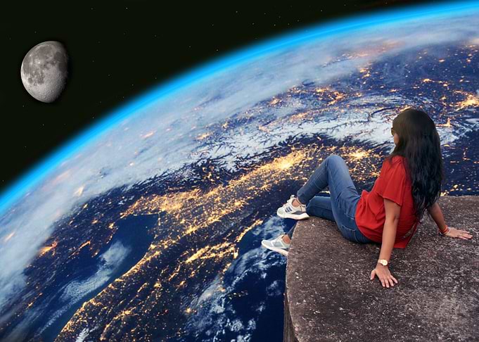 Space Girl looking at Moon