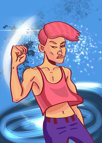 A man with pink hair