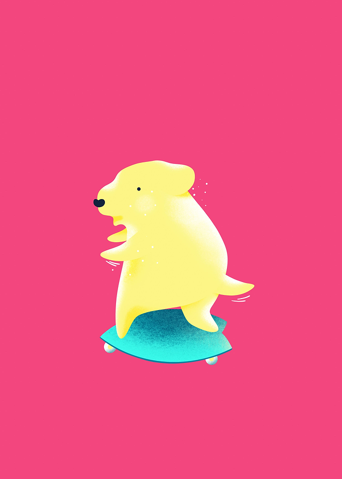 happy dog with surf skate