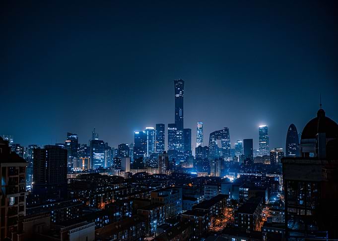 Blue city light in the sky